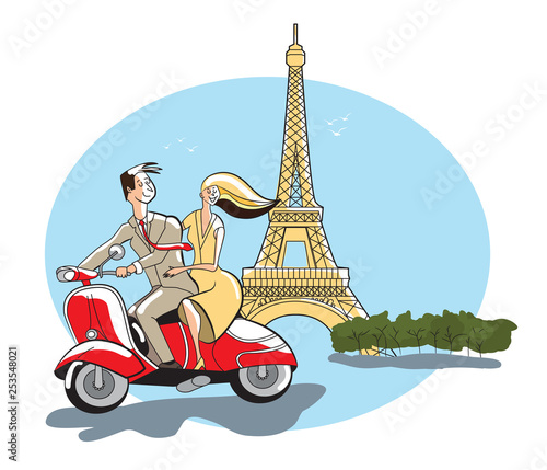 Eiffel Tower, Paris, France, young couple retro style riding a motor scooter