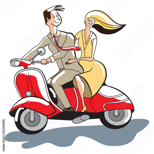 Young couple on red motor scooter flat retro style.