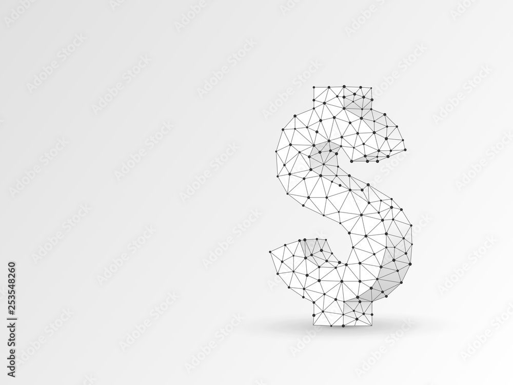 USD dollar wireframe digital 3d illustration. Low poly business, data cash, and finance concept with lines, dots, and starry sky on white background. Raster polygonal origami style money symbol RGB USD dollar wireframe digital 3d illustration. Low poly business, data cash, and finance concept with lines, dots, and starry sky on white background. Raster polygonal origami style money symbol RGB