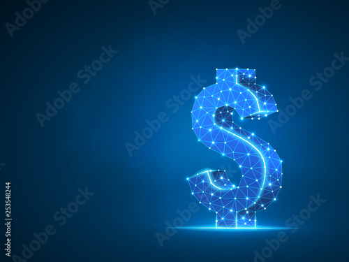 USD dollar wireframe digital 3d illustration. Low poly business, data cash, and finance concept with lines, dots, and starry sky on blue background. Raster polygonal neon money symbol RGB
