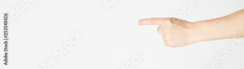 Man pointing at something on white background isolated - Closeup of hand