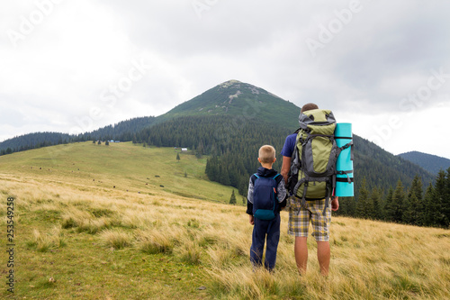 Father and son with backpacks hiking together in summer mountains. Back view of dad and child holding hands on landscape mountain view. Active lifestyle, family relations, weekend activity concept