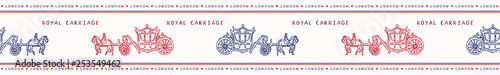 Sketchy London Royal Carriage seamless vector border pattern. Famous historical british symbol for travel vacation. Iconic British uk sightseeing ribbon trim. Horse drawn queen ride in red blue white.