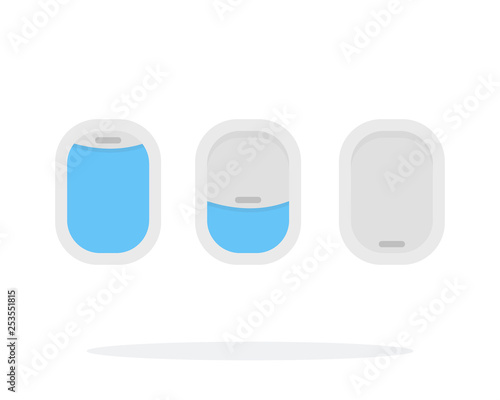 Indoor and outdoor airplane window vector flat material design isolated object on white background.