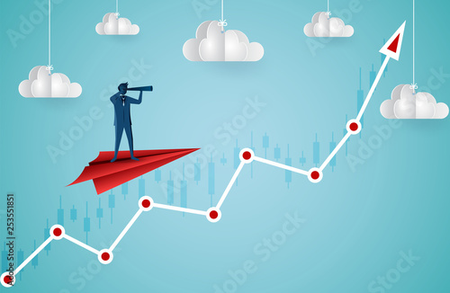 One Businessman standing holding binoculars on a paper plane flying up into the sky while flying above a arrow graph. business finance success. leadership. startup. creative idea. cartoon vector