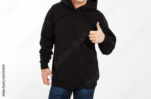 Man in black sweatshirt, black hoodies front isolated show like, mock up,copy space cropped image