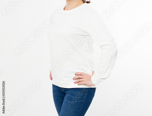 woman in white pullover posing on white background - mock up cropped image