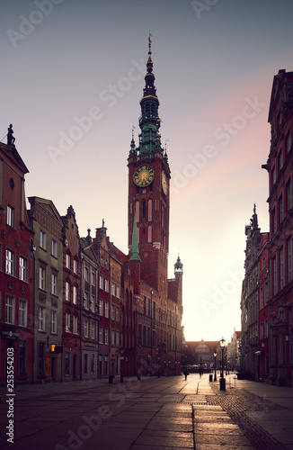 Morning in Gdansk, Poland. City Hall of Main Town on Dulga street. 2 March, 2019