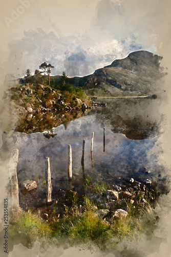 Watercolour painting of Beautiful sunrise mountain landscape reflected in calm lake © veneratio