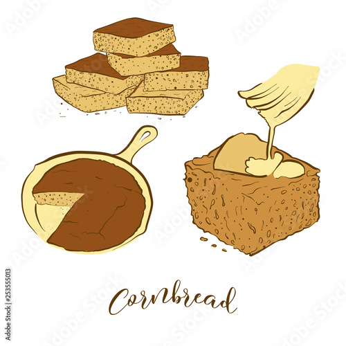 Colored sketches of Cornbread bread