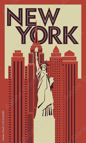 Retro poster New York. Statue of Liberty in the background of skyscrapers. Vector drawing
