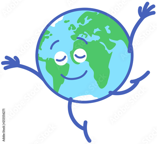 Planet Earth in minimalist cartoon style performing a dance step. It consists on standing on tiptoes on one leg and extending its arms while graciously keeping balance photo