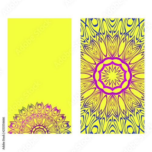 Vintage Invitation Card With Mandala Pattern. The Front And Rear Side. Beautiful Ornament. Vector Illustration. Purple yellow color