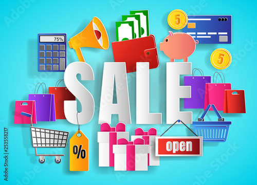 Sale concept with word, paper cut design vector illustration