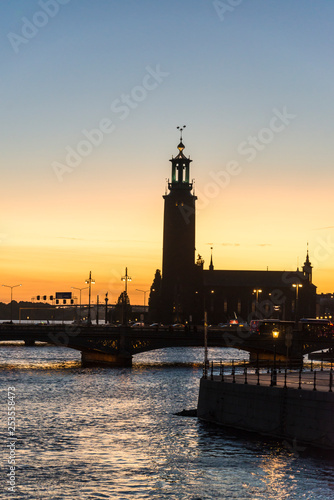 Silhouette of the iconic Stockholm City Hall at dusk, Stockholm, Sweden