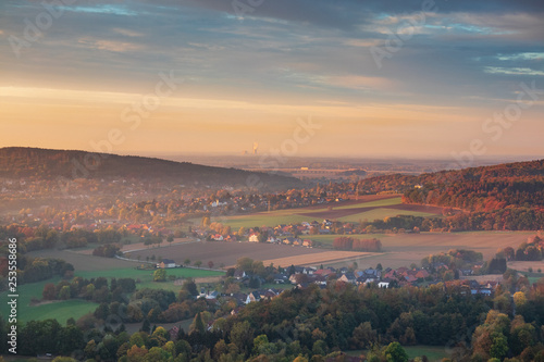 Sunset over village Steinbergen in Germany