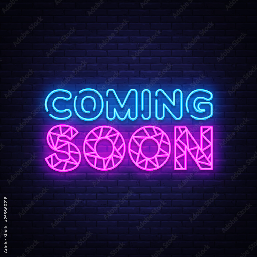 Coming Soon neon sign vector. Coming Soon Design template neon sign, light banner, neon signboard, nightly bright advertising, light inscription. Vector illustration Coming Soon neon sign vector. Coming Soon Design template neon sign, light banner, neon signboard, nightly bright advertising, light inscription. Vector illustration
