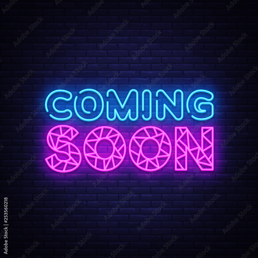 Coming Soon neon sign vector. Coming Soon Design template neon sign, light banner, neon signboard, nightly bright advertising, light inscription. Vector illustration