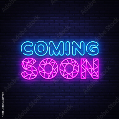 Coming Soon neon sign vector. Coming Soon Design template neon sign, light banner, neon signboard, nightly bright advertising, light inscription. Vector illustration