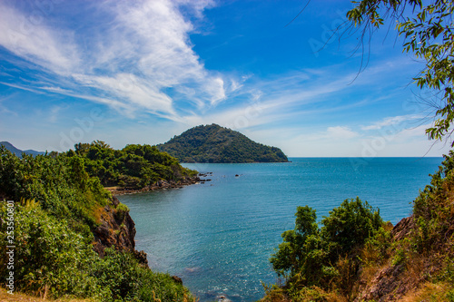 View of blue sea and blue sky in Thailand. Beautiful seascape with the sky and cloud at Chanthaburi beach, Thailand.