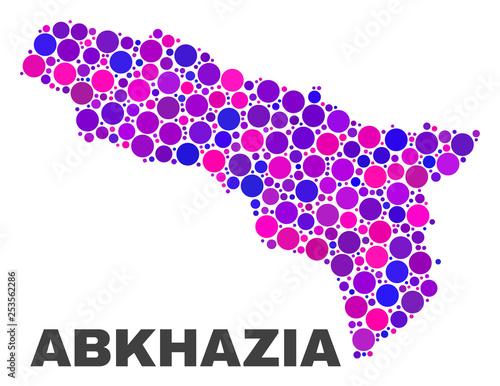 Mosaic Abkhazia map isolated on a white background. Vector geographic abstraction in pink and violet colors. Mosaic of Abkhazia map combined of random spheric dots.