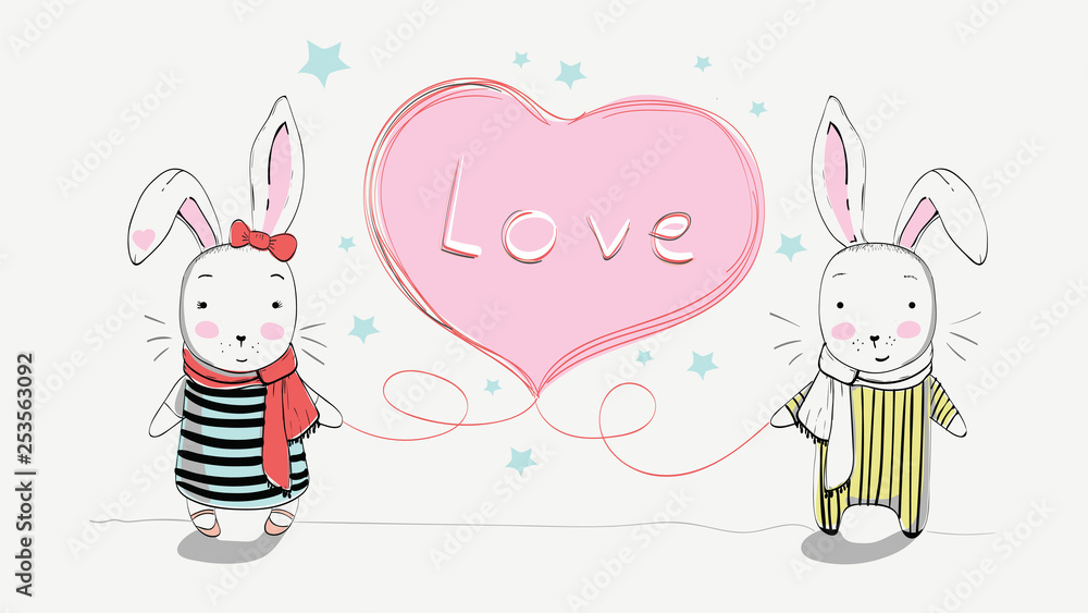 Cute couple Bunny hand writing style vector illustration for greeting and invitation card. Happy valentines day Cute couple Bunny hand writing style vector illustration for greeting and invitation card. Happy valentines day