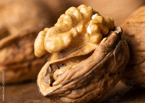Open and cracked walnut closeup macro