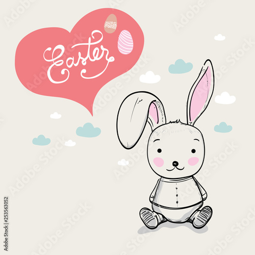 Bunny hand writing style vector illustration for greeting and invitation card. Happy Easter celebration