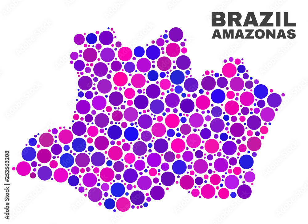 Mosaic Amazonas State map isolated on a white background. Vector geographic abstraction in pink and violet colors. Mosaic of Amazonas State map combined of scattered circle points.