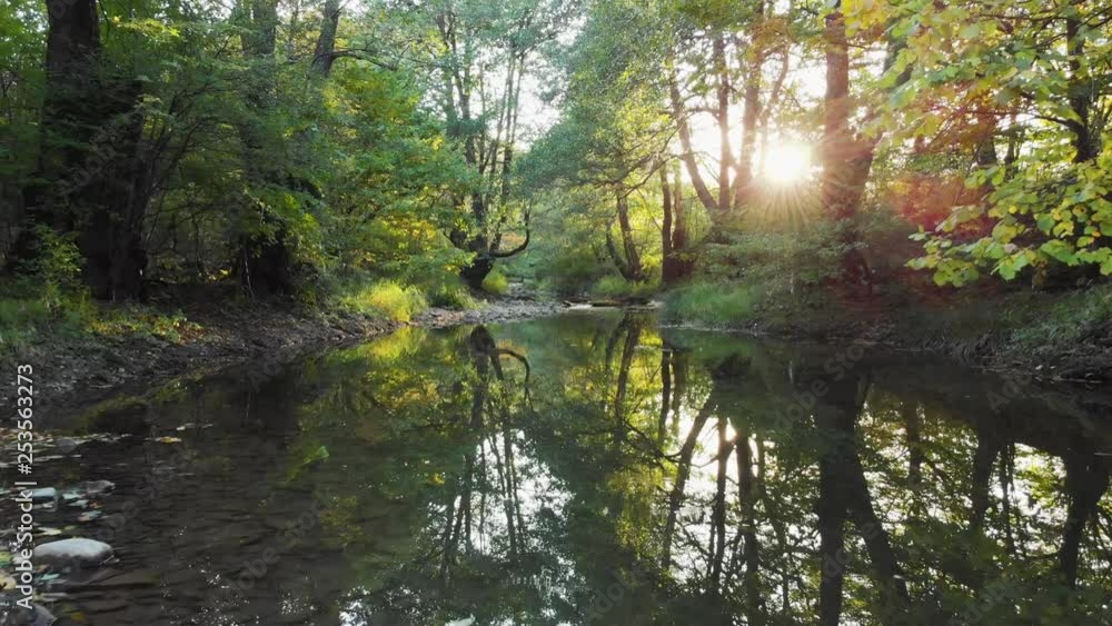 Low drone flight over small river at sunset Low drone flight over small river at sunset