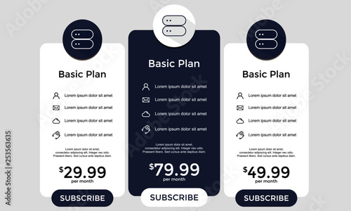 set of pricing table, order, box, button, list