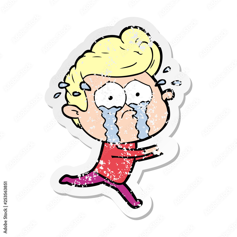 distressed sticker of a cartoon crying man running distressed sticker of a cartoon crying man running