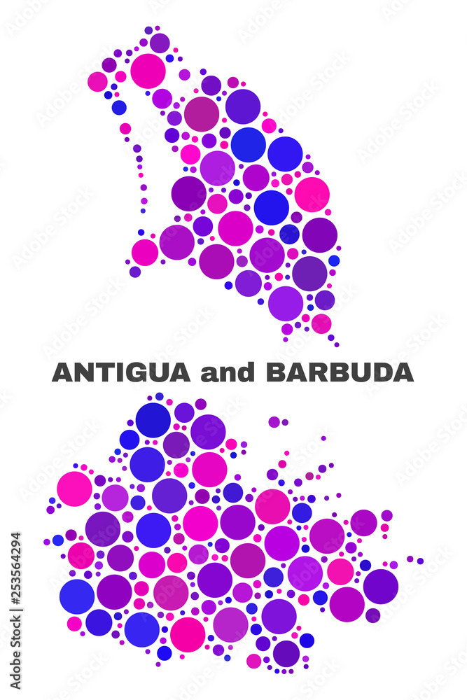Mosaic Antigua and Barbuda map isolated on a white background. Vector geographic abstraction in pink and violet colors. Mosaic of Antigua and Barbuda map combined of scattered spheric points. Mosaic Antigua and Barbuda map isolated on a white background. Vector geographic abstraction in pink and violet colors. Mosaic of Antigua and Barbuda map combined of scattered spheric points.