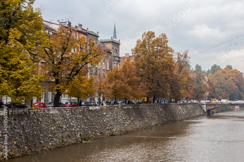 The embankment of the Miljacka River in Sarajevo in the fall. Bosnia and Herzegovina