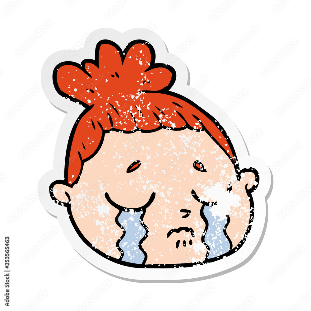 distressed sticker of a cartoon female face distressed sticker of a cartoon female face