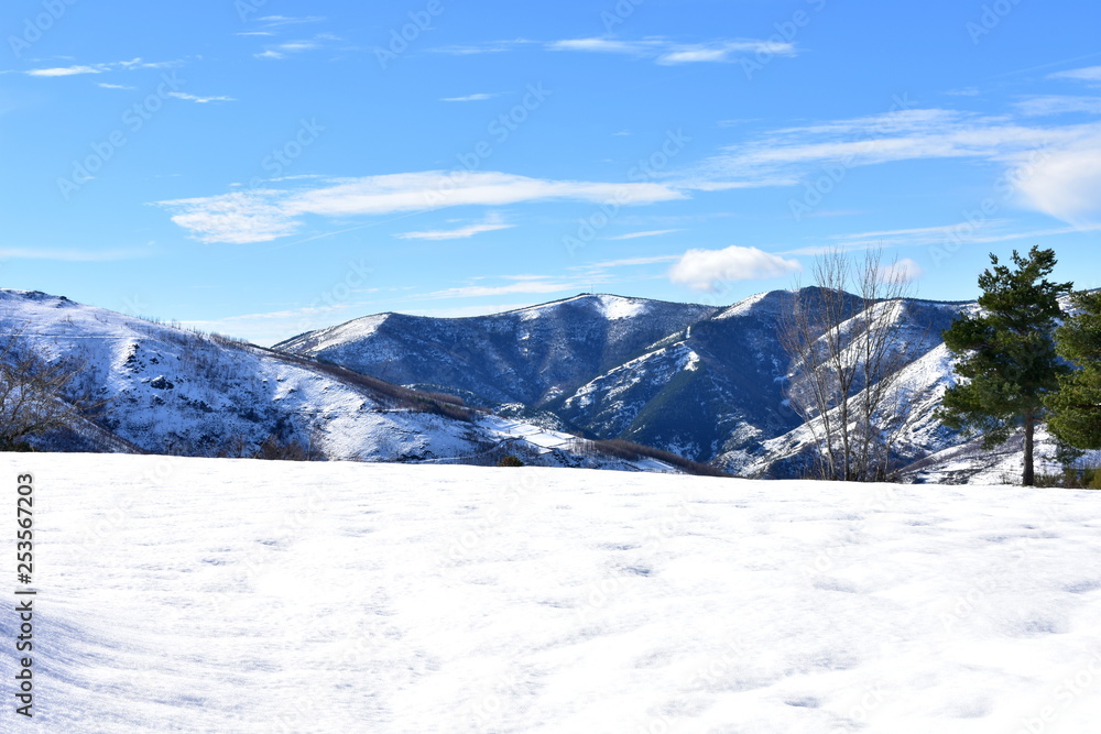 Winter landscape with snowy field, trees and mountains covered with snow. Lugo, Galicia, Spain. Winter landscape with snowy field, trees and mountains covered with snow. Lugo, Galicia, Spain.