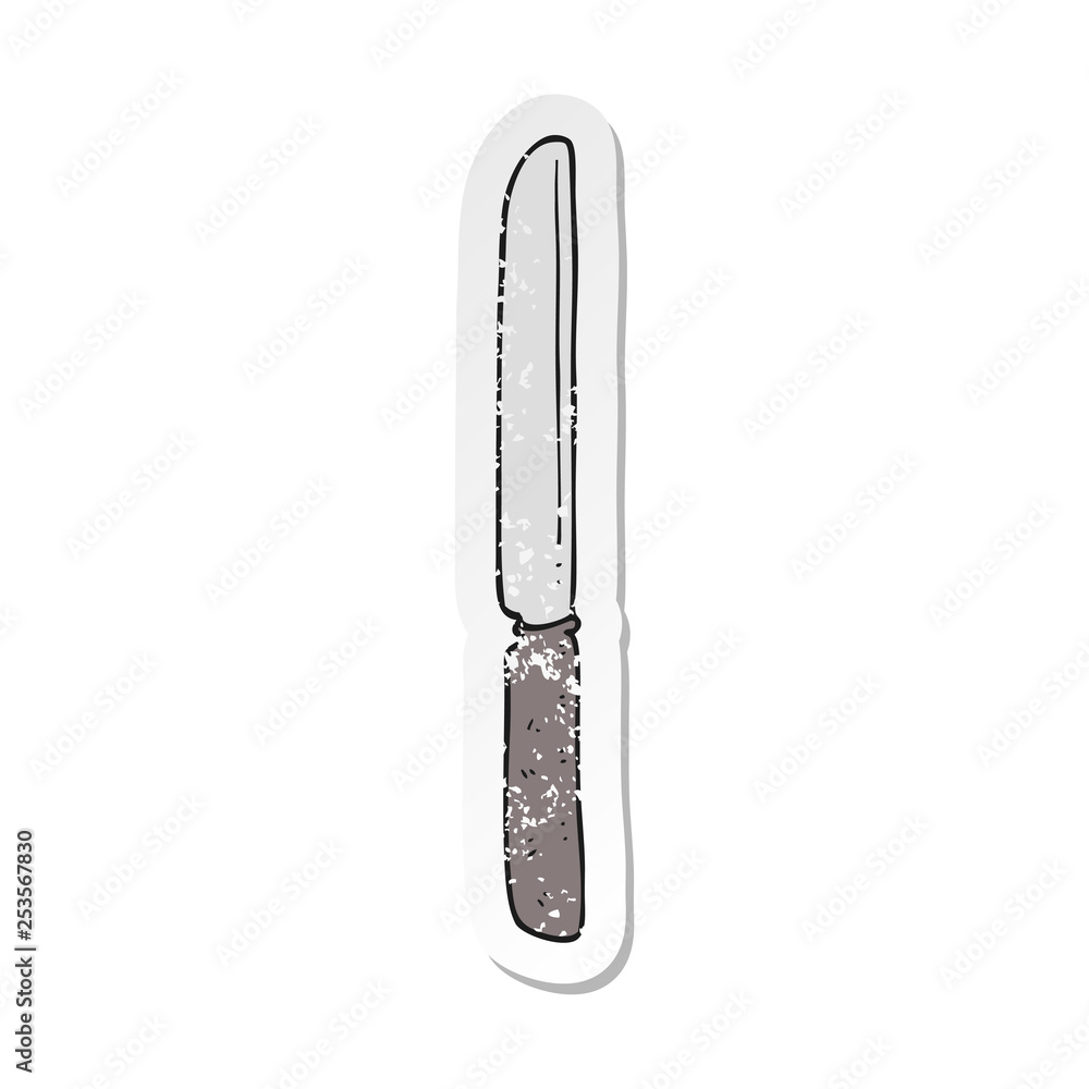 retro distressed sticker of a cartoon cutlery knife retro distressed sticker of a cartoon cutlery knife