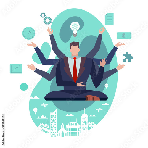 Concept Flat illustration. Businessman with multitasking skills. Man in suit with many arms working on different tasks at the same time. Time management and self improvement.