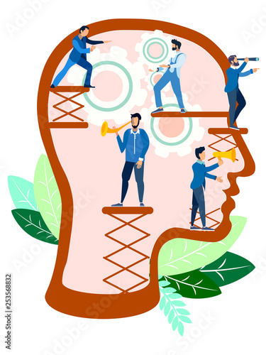 Small workers replace organs in the head. In minimalist style. Cartoon flat Vector