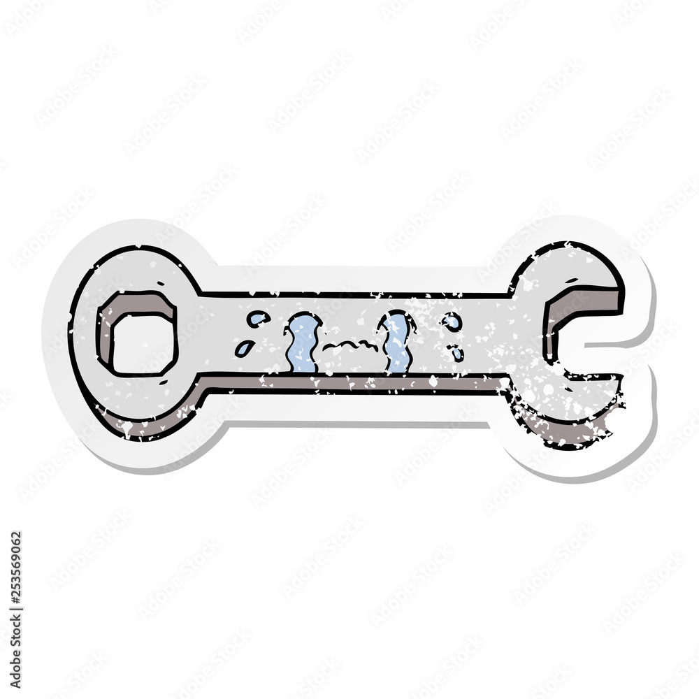 distressed sticker of a cartoon crying spanner distressed sticker of a cartoon crying spanner