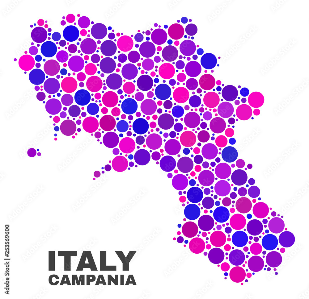 Mosaic Campania region map isolated on a white background. Vector geographic abstraction in pink and violet colors. Mosaic of Campania region map combined of random round dots. Mosaic Campania region map isolated on a white background. Vector geographic abstraction in pink and violet colors. Mosaic of Campania region map combined of random round dots.
