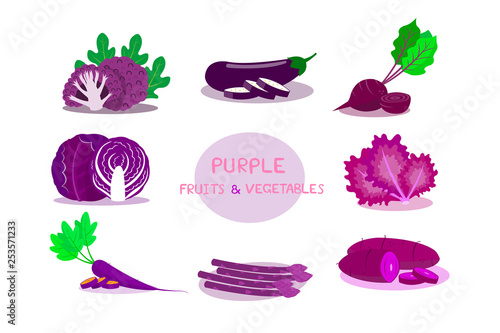 Purple fruits and vegetables isolated on white background.