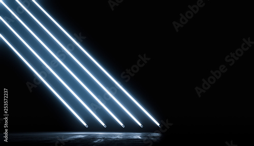 Neon Glowing Blue Lights Futuristic Background. Vibrant Colors shining Line In Empty Dark Room With Concrete Floor and Reflections. Abstract Future Sci Fi Concept. 3D Rendering Illustration