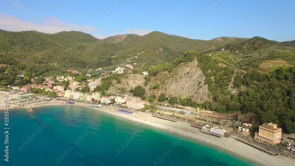 Aerial establishing shot panning to reveal a village and mountain along the Italian coast Aerial establishing shot panning to reveal a village and mountain along the Italian coast