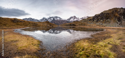 Bergsee mit Spiegelung in den Alpen photo