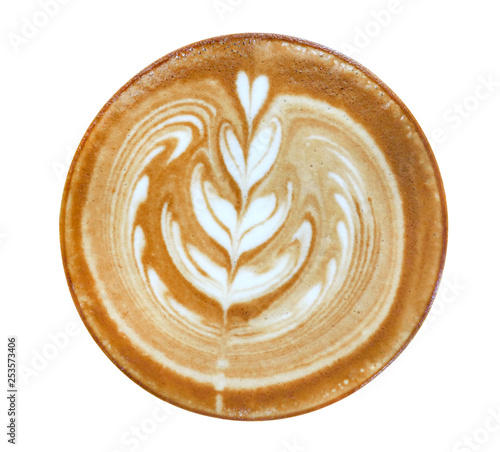 Hot coffee cappuccino latte art heart flower shape top view isolated on white background, clipping path included