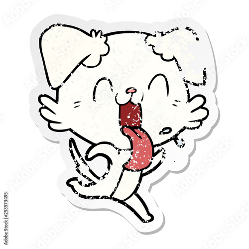 distressed sticker of a cartoon panting dog running
