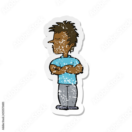 retro distressed sticker of a cartoon man refusing to listen