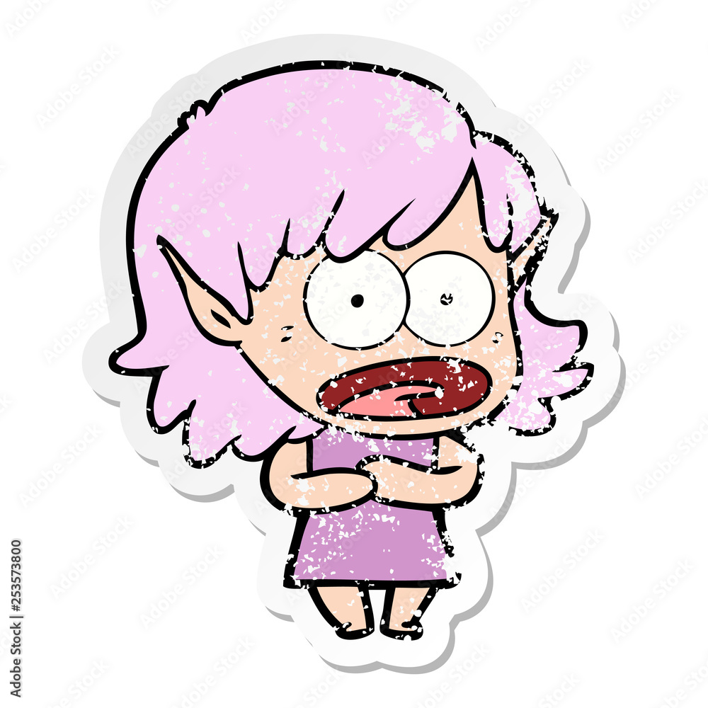 distressed sticker of a cartoon shocked elf girl distressed sticker of a cartoon shocked elf girl