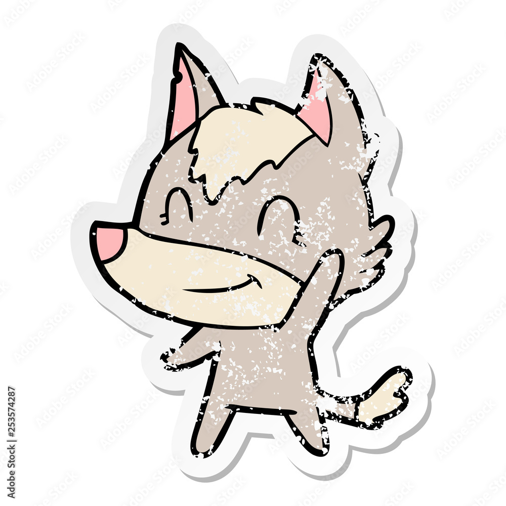 distressed sticker of a friendly cartoon wolf distressed sticker of a friendly cartoon wolf